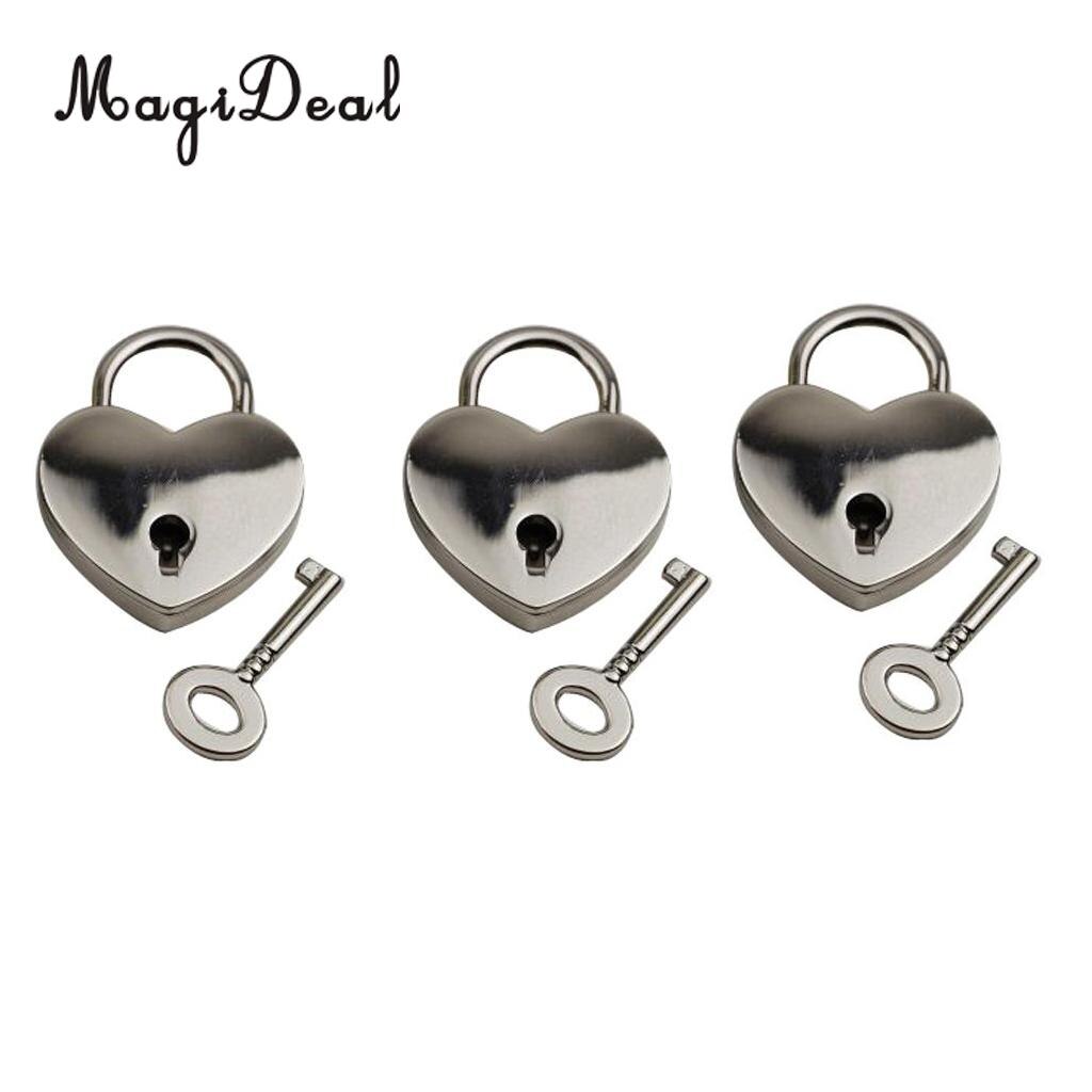 MagiDeal Lot of 3 Alloy Vintage Style Mini Padlock Key Lock Heart Shaped for Collectibles Children Kids Novelty Toy -Silver