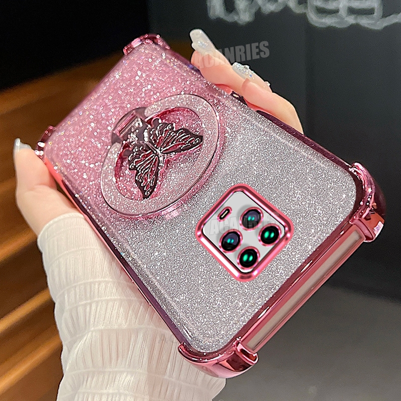 Note9s Glitter Butterfly Holder Plating Gradation Silicone Case On For Xiaomi Redmi Note 9 Pro 9pro 9s Shockproof Cover Note9pro: EVA / Beżowy