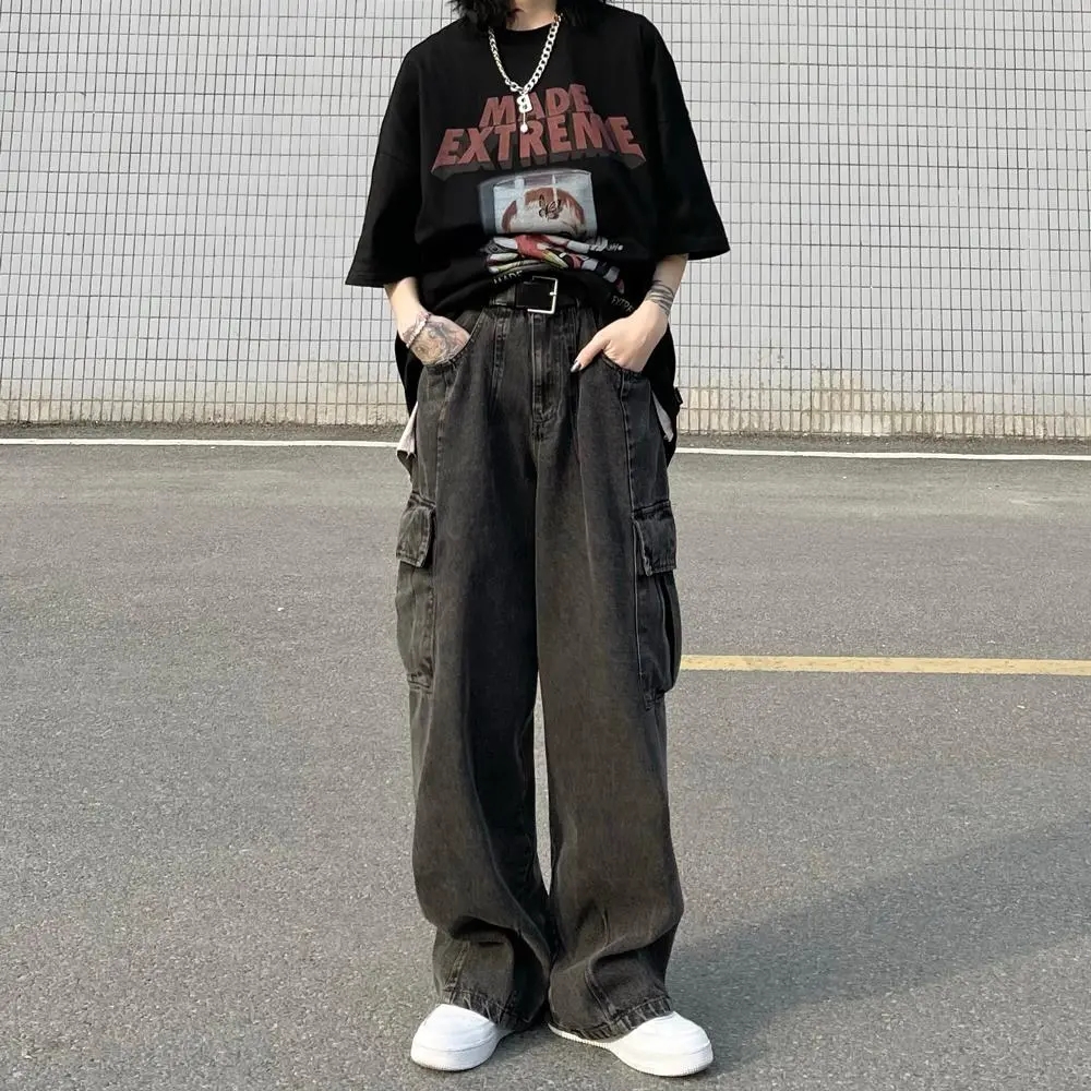 Streetwear Vintage Cargo Jeans Women Big Pocket Wide Leg Jeans Hip Hop Plus Size 80kg Denim Pants Man Blue Black Baggy Trousers