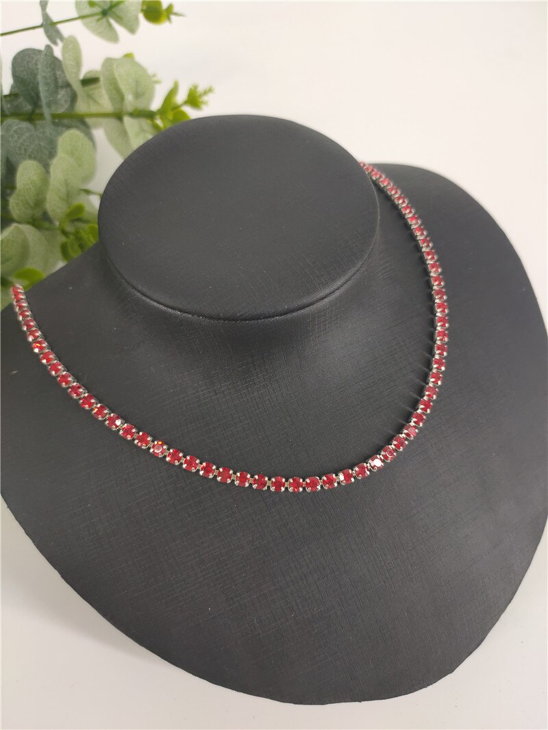 Collar de cadena de tenis para mujer, gargantilla de cristal, collar de Torques, joyería de , cadena de diamantes de imitación de Color plateado de una pieza: Rojo