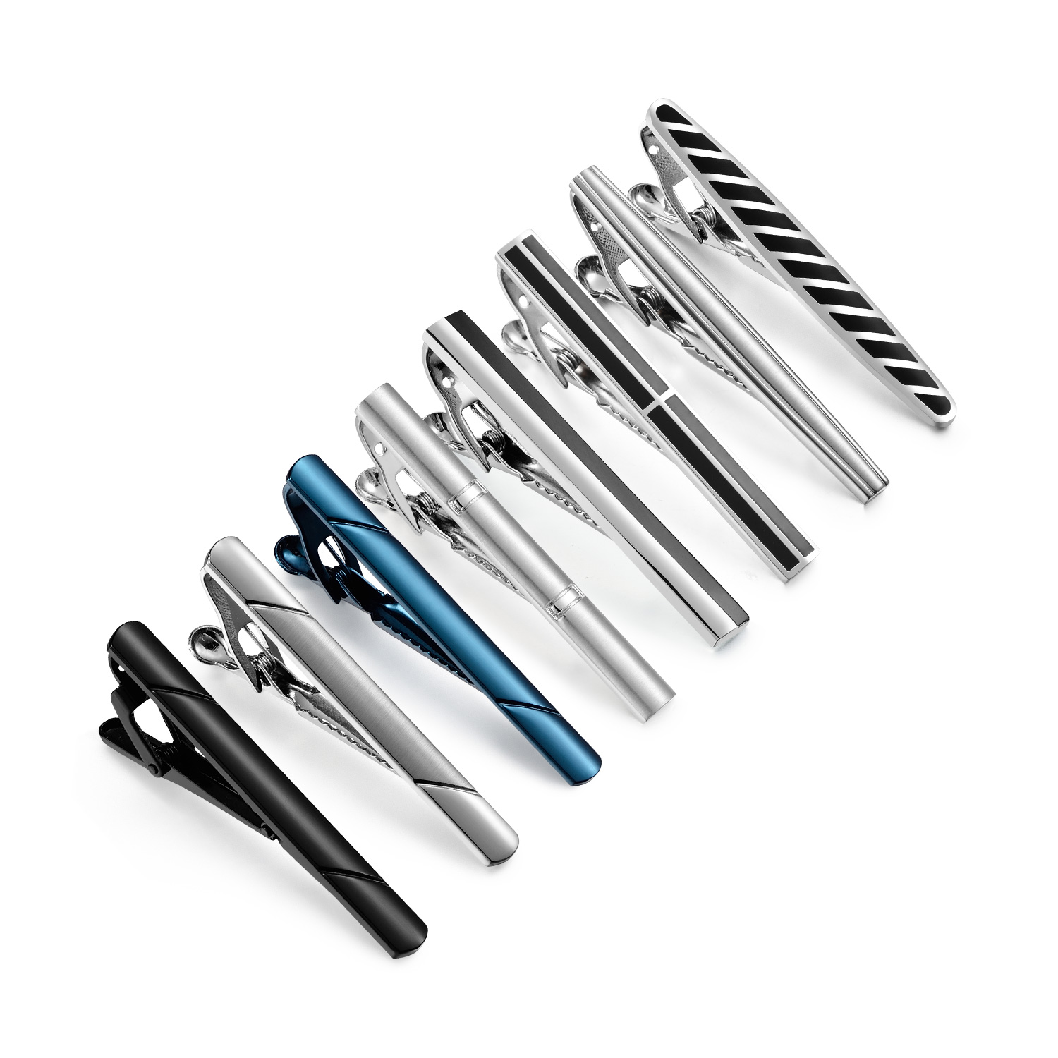 Juego de 8 Uds de pinzas de corbata cortas con caja de , accesorios de pasador de corbata para hombre, gemelos de camisa para hombre, para marido: Plata