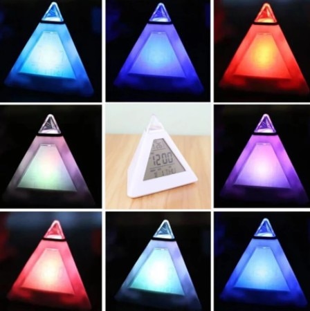 Pyramid 7 Color Changing Triangular Silent Alarm Clock Kids Student Night Light Desk Clock Temperature Time Date Timer