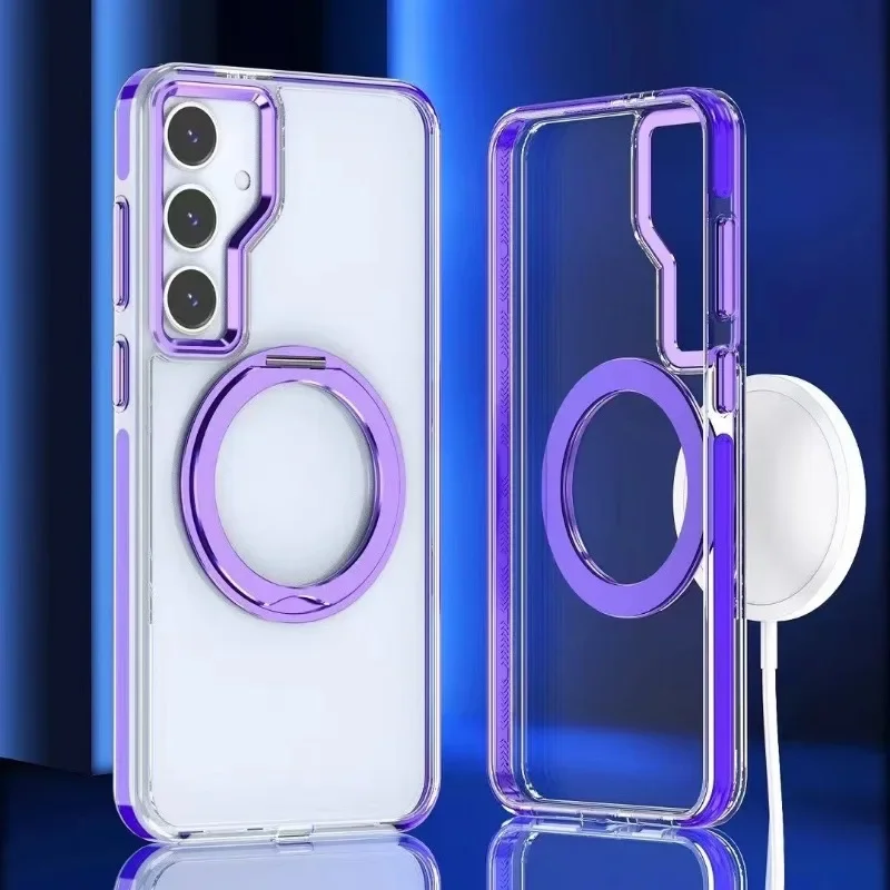 Magnetische Saugnapf-Handyhülle mit drehbarer Halterung für Samsung Galaxis S24 S23 Ultra Plus, transparente, stoßfeste Kunststoff-Konservierungsabdeckung: Eva / Himmel Blau