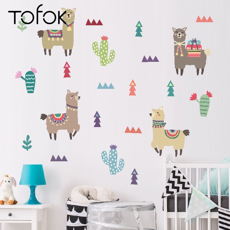 Tofok Indian Style Alpaca Cactus Children Room Wall Stickers Cartoon Animal Removable Decals Nursery Home Decoration Paste