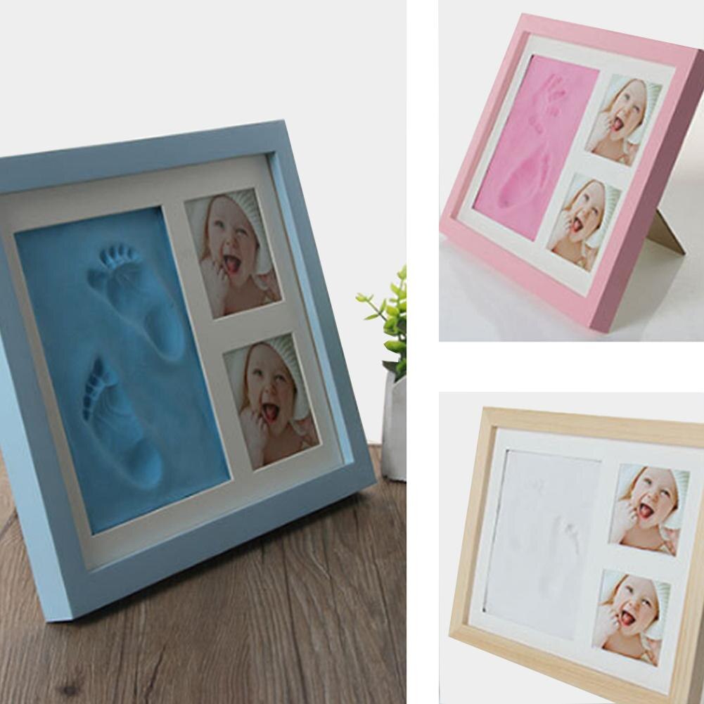 Baby Hand & Voet Print Handen En Voeten Mold Maker Massief Houten Fotolijst Met Cover Vingerafdruk Modder Set Baby groei Memorial