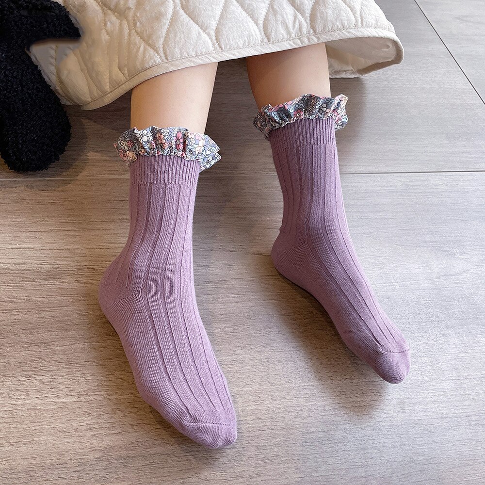 Sweet Floral Lace Girl Socks Princess Socks with Ruffle Cotton Baby Toddler Socks for 0-8 Yreas Children Kids Socks: Purple / S (0-2 years)