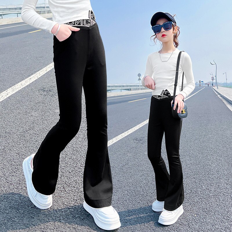 Pantalones acampanados para niña y niño, pantalones ajustados negros con letras de cintura elástica, ropa informal coreana para adolescentes de 5 a 14 años, primavera 2022