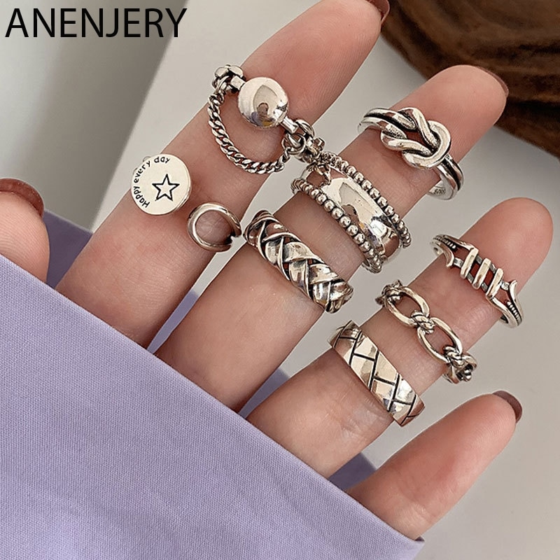 ANENJERY 925 Sterling Silver Combination Rings for Men Women Retro Personality Niche Chain Rings Party Jewelry