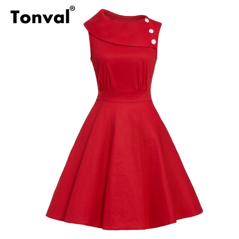 Tonval Rood Turn-Down Kraag Knoppen Retro Jurk Mouwloze Zakken Elegante Katoenen Jurk Vrouwen Effen Skater Vintage Jurken: Rood / M