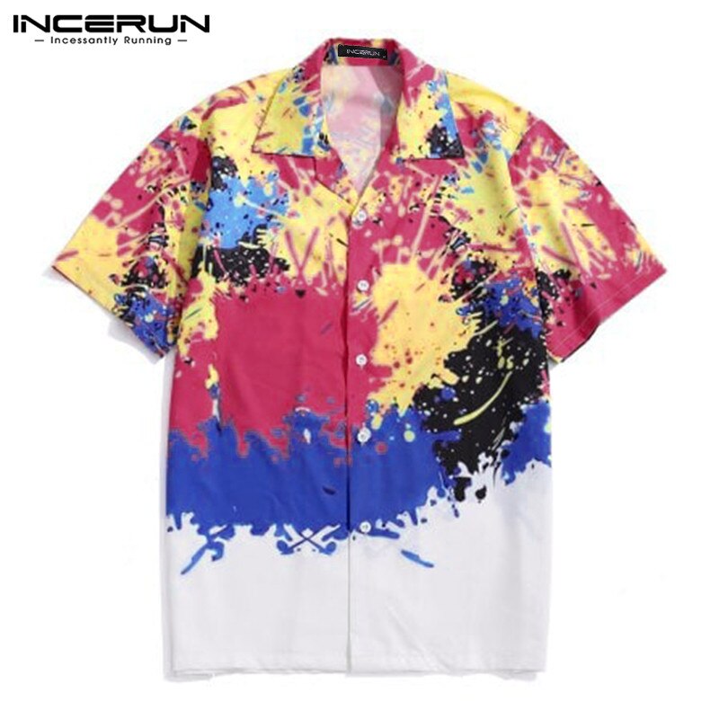 Incerun mænd hawaiisk skjorte slips farvestof print kortærmet revers åndbar bluse sommer strand afslappet camisa streetwear