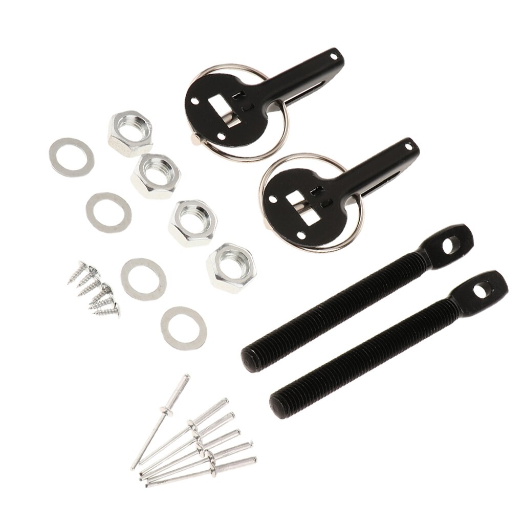 Universal Aluminum Car Bonnet Hood Pin Pins Key Lock Latch Catch Locking Fasten Kit Set (Black)