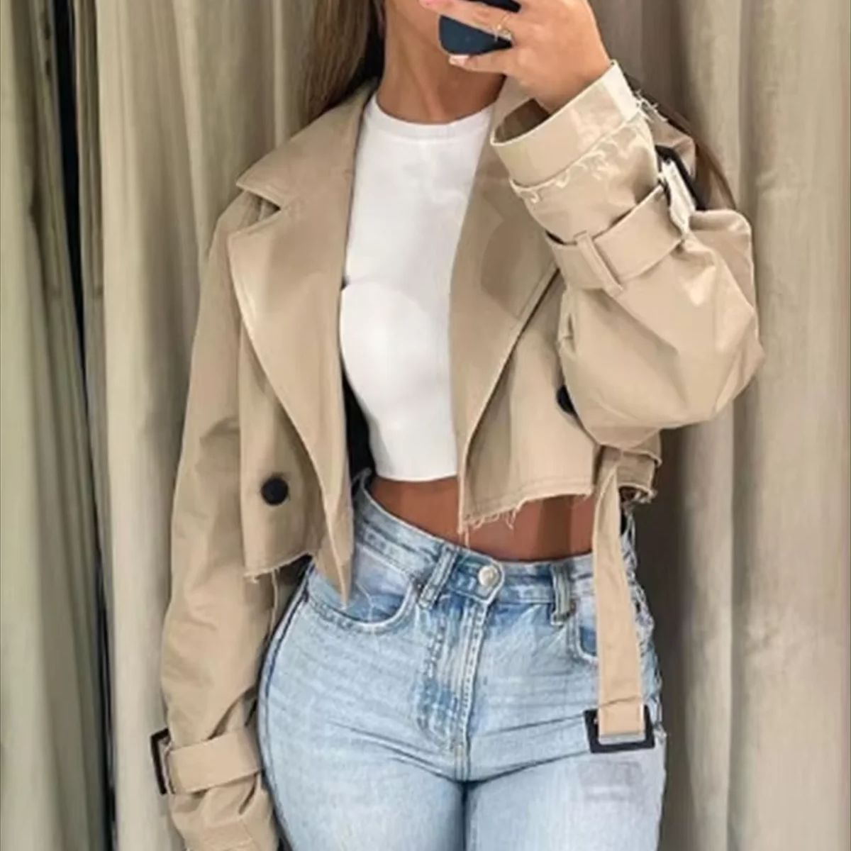 Trench corto con cintura vintage da donna manica lunga bavero cappotto moda autunno inverno top doppiopetto streetwear femminile