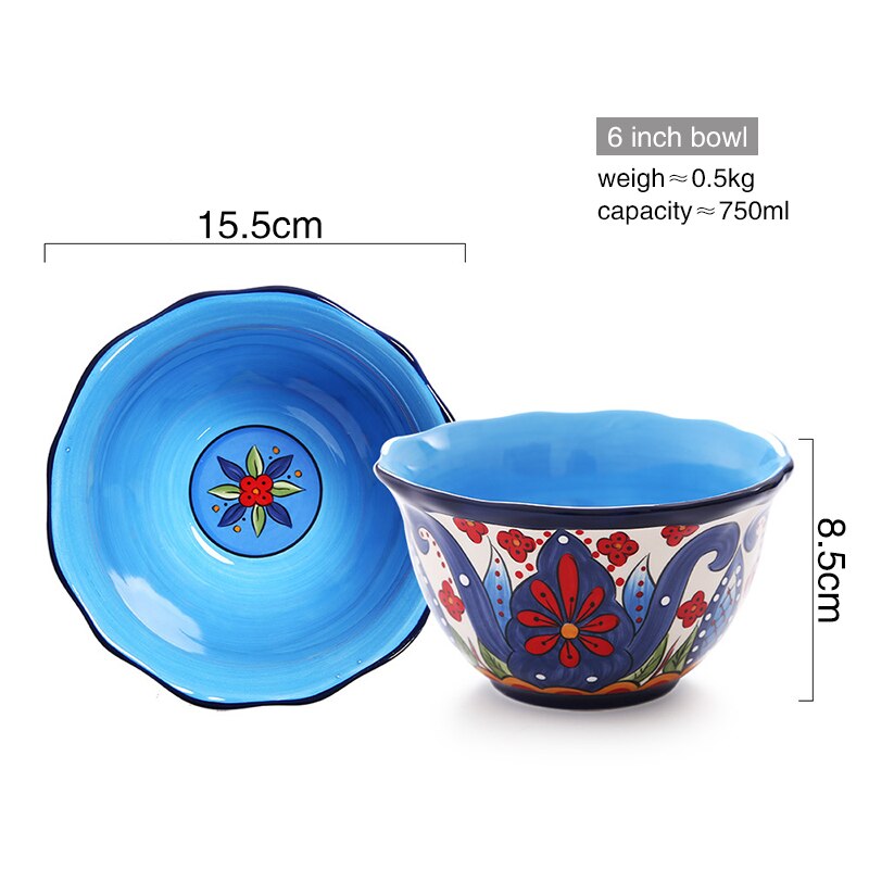 Ceramic Dinnerware Set with Flower Print Plate Bowl Mug Big Size Tableware Dish Steak Plates Retro Set: 6 inch bowl