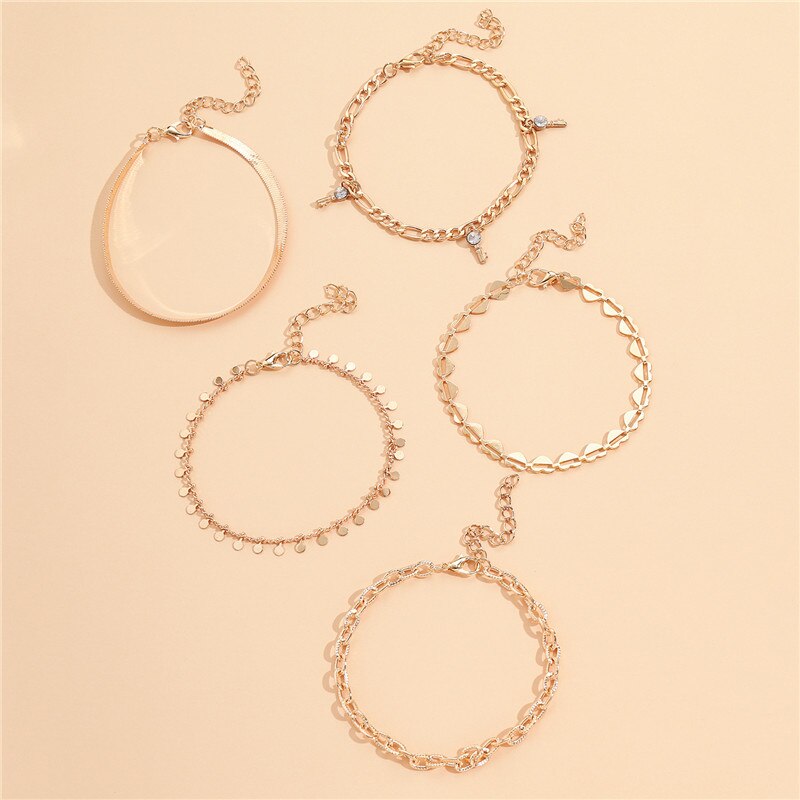5 stk/sæt vintage boheme guld fodlænker til kvinder unikke slange kæde hjerte nøgle disk kæde ankel armbånd kvindelige smykker