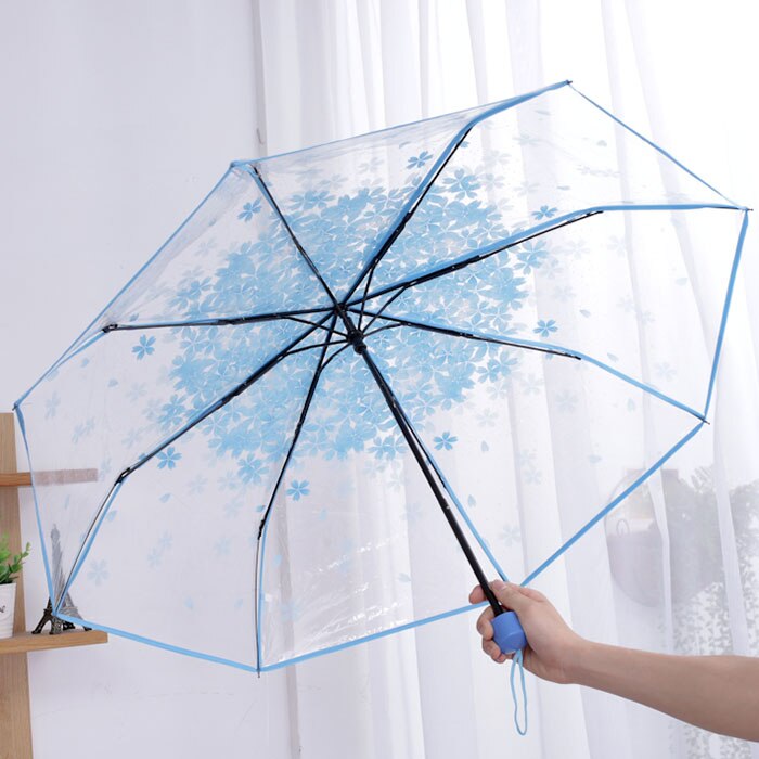 Trefold paraply kvinder gennemsigtig klar kirsebærblomst svamp apollo sakura foldning parasol paraply regn parasol: Blå