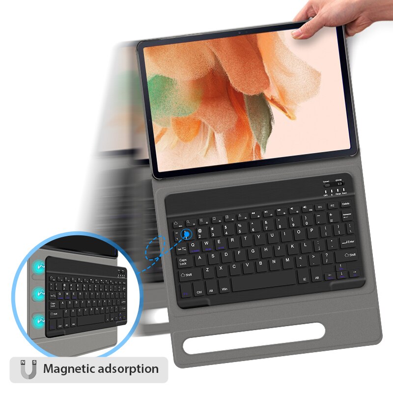 Tastaturhülle für samsung galaxy tab  s7 fe t730/s7 plus 12.4 "  t970, magnetische lederhülle mit kabelloser bluetooth-tastatur