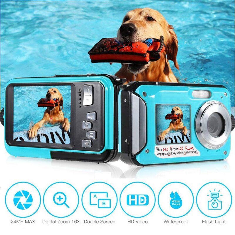 3C-Underwater Camera 24.0MP Waterdichte Digitale Camera Full HD 1080P Zelfontspanner Dual-Screen Video-opname Waterdichte camera