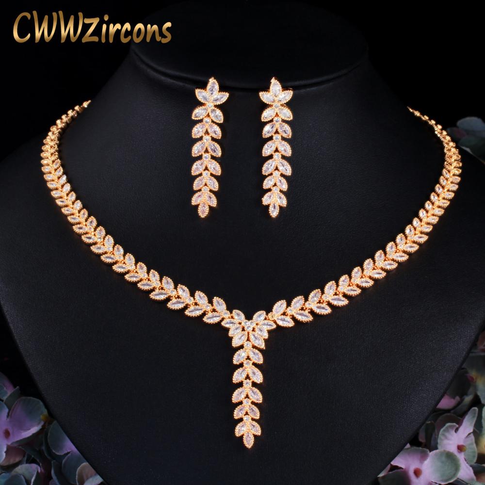 CWWZircons Leaf Shape Dangle Party Earring and Necklace African Nigerian CZ Gold Color Wedding Jewelry Set for Brides T488