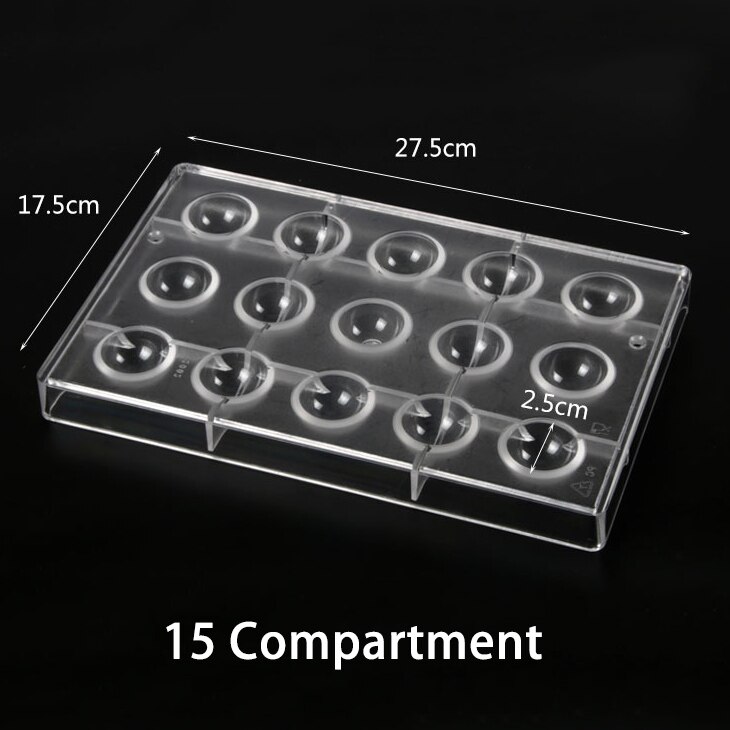 Moldes de policarbonato duro para Chocolate, 6/8/12/14/15 cavidades, 3D, Media esfera, 1 unidad: 15 Compartment