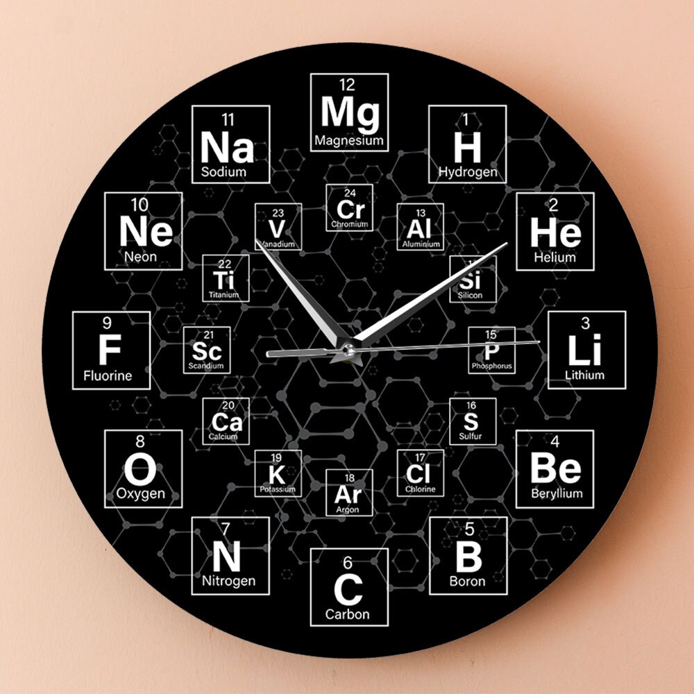 Periodisk tabel med elementer vægur kemiske symboler væg kunst uddannelsesmæssige elemental display klasseværelset ur