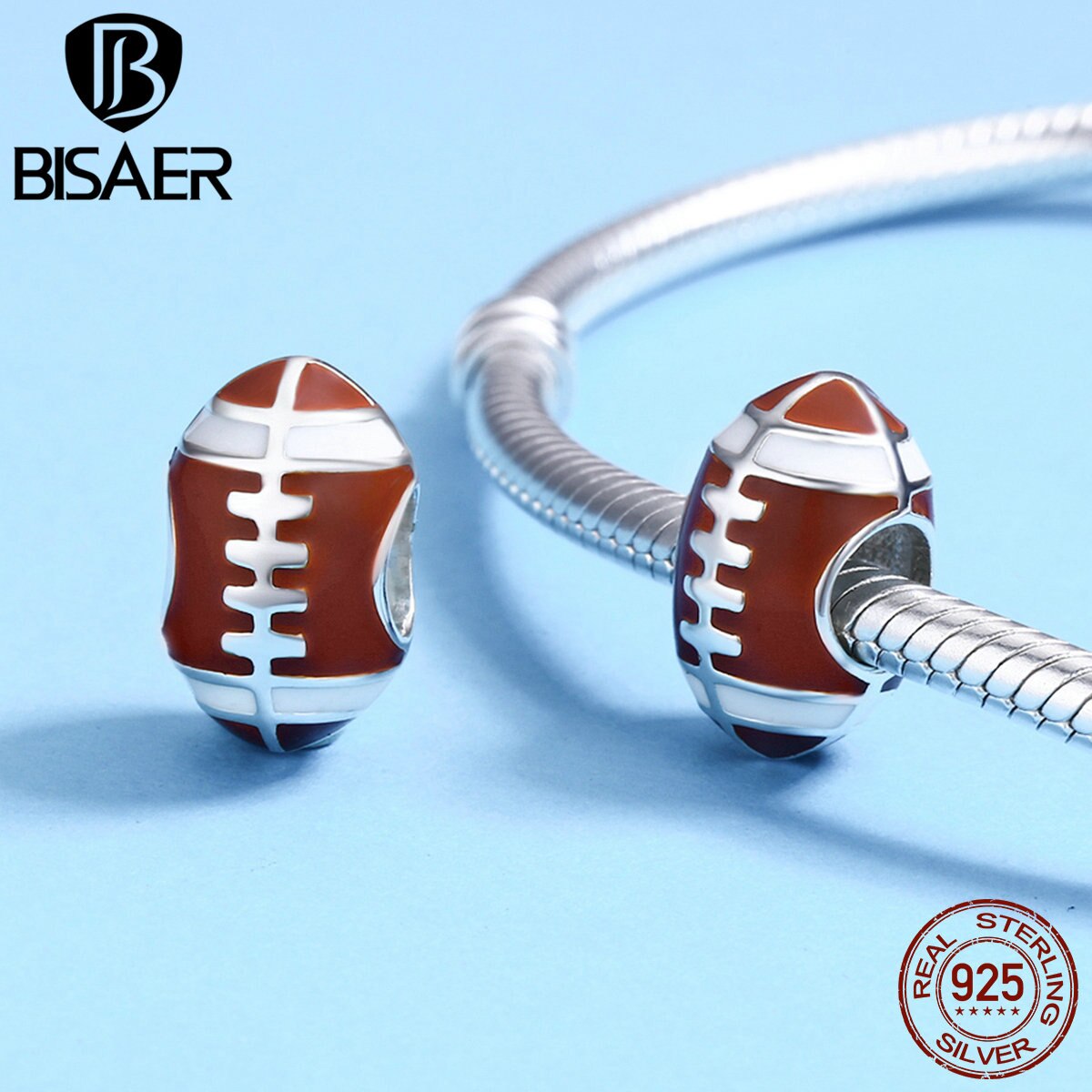 BISAER-bolas de fútbol de Plata de Ley 925 auténtica, bolas deportivas de voleibol, dijes compatibles con cuentas de plata, fabricación de joyas DIY