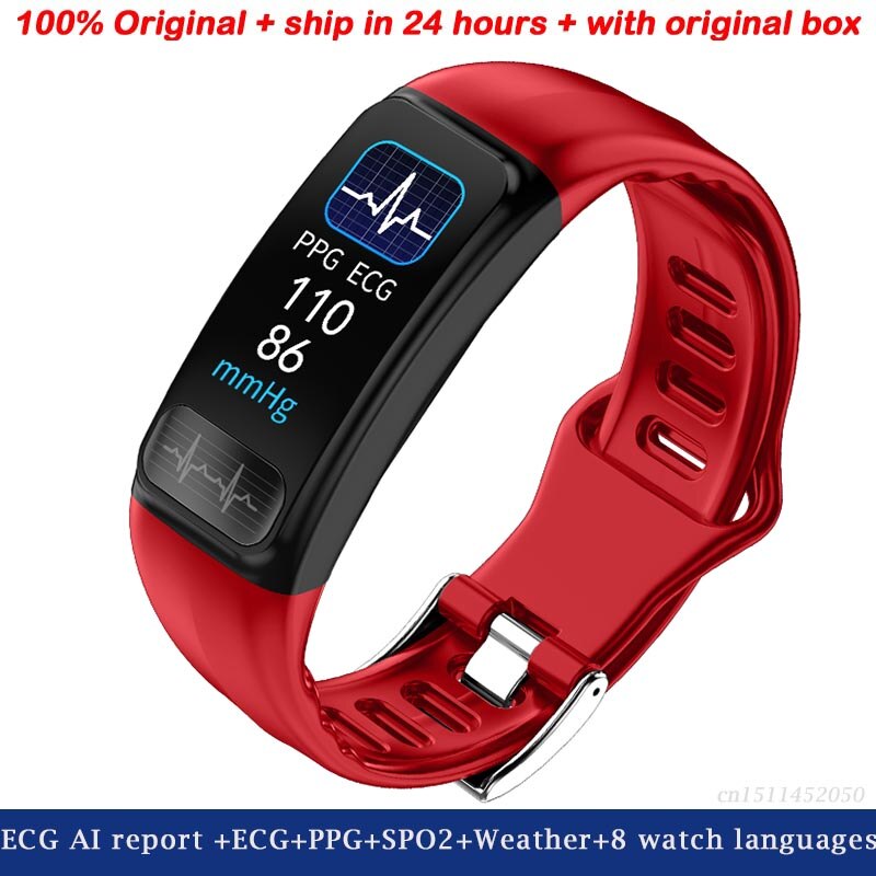 Greentiger P12 ECG AI Report Smart Bracelet ECG PPG SPO2 Heart Rate Oxygen Monitor Blood Pressure IP67 Waterproof Smart Band: Red
