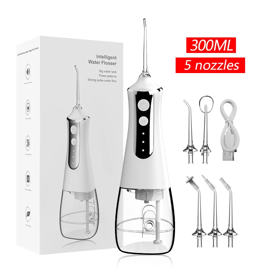 Xiaomi-irrigador Dental de agua, hilo Dental, selección de dientes, lavadora bucal, 5 boquillas, 3 modos, recargable por USB, tanque de 300ml: Blanco