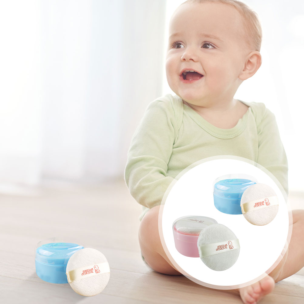 2Pcs After Bath Baby Powder Puff with Box Baby Infant Body Talcum Storage Boxes