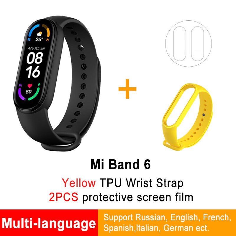 Global Version Xiaomi Mi Band 6 Smart optional Bracelet Color Blood Oxygen Fitness Traker Heart Rate Bluetooth Waterproof: GB 2Flims YE