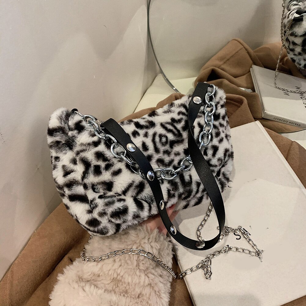 hiver vache imprimer sacs à bandoulière pour femmes doux en peluche sac à main femme chaîne sac bandoulière fourrure moelleux sac sac femme: Leopard Type D