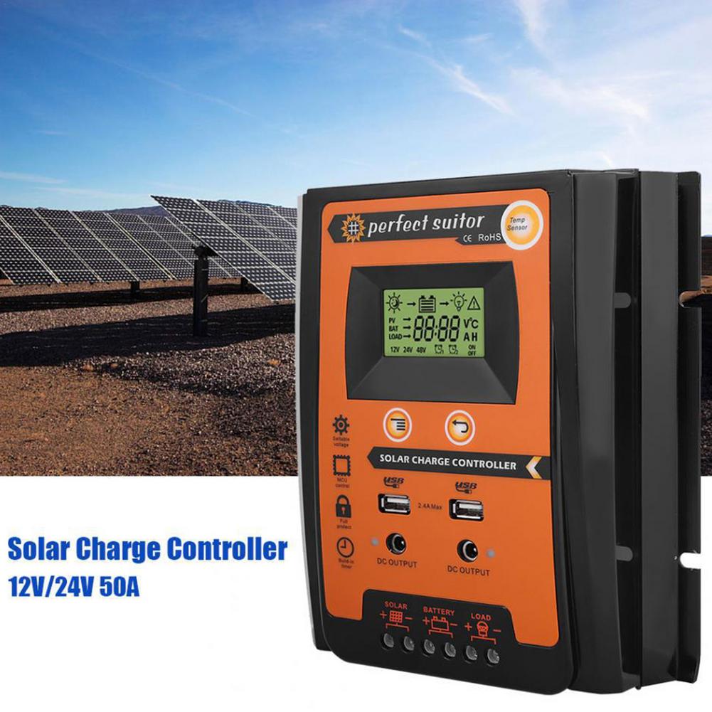 50A MPPT PWM Solar Laderegler 12V 24V Dual USB Solar Regler mit Großen LCD IP32 PV Batterie controller Last Timer