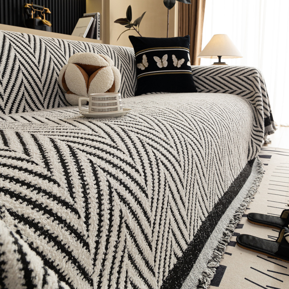 Bohemen bankdeken met kwastje Chenille bankhoes voor woonkamer anti-vuile universele bankgooideken voor thuishotel: King / Black