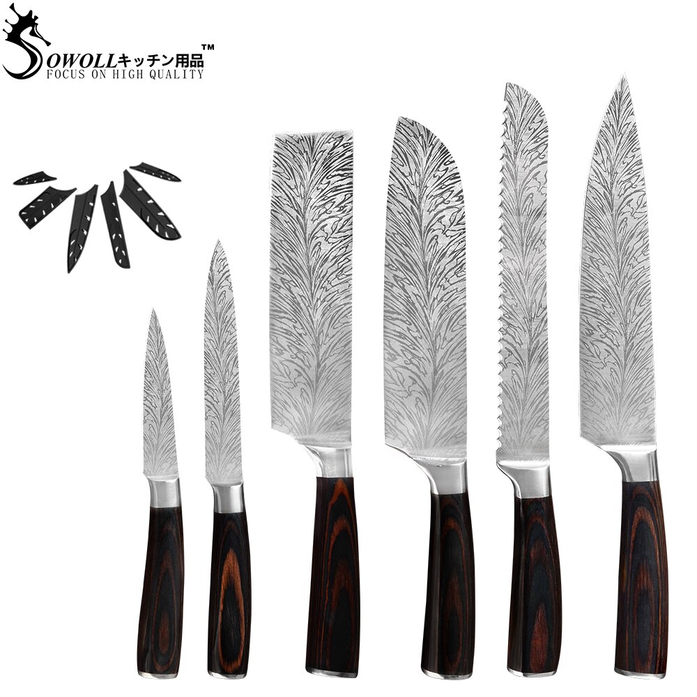 Sowoll couteaux porte-couteau mural magnétique | Ensemble de couteaux de Chef de cuisine, lame tranchante en acier inoxydable, porte-couteau damas veines lame tranchante: D.6PCS SET A