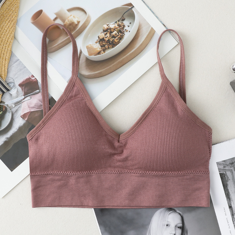 ATHVOTAR Women V-Neck Tube Top Bralette Soild Color Push Up Bra Padded Wireless Thin Shoulder Strap Top Bra Underwear: bean paste