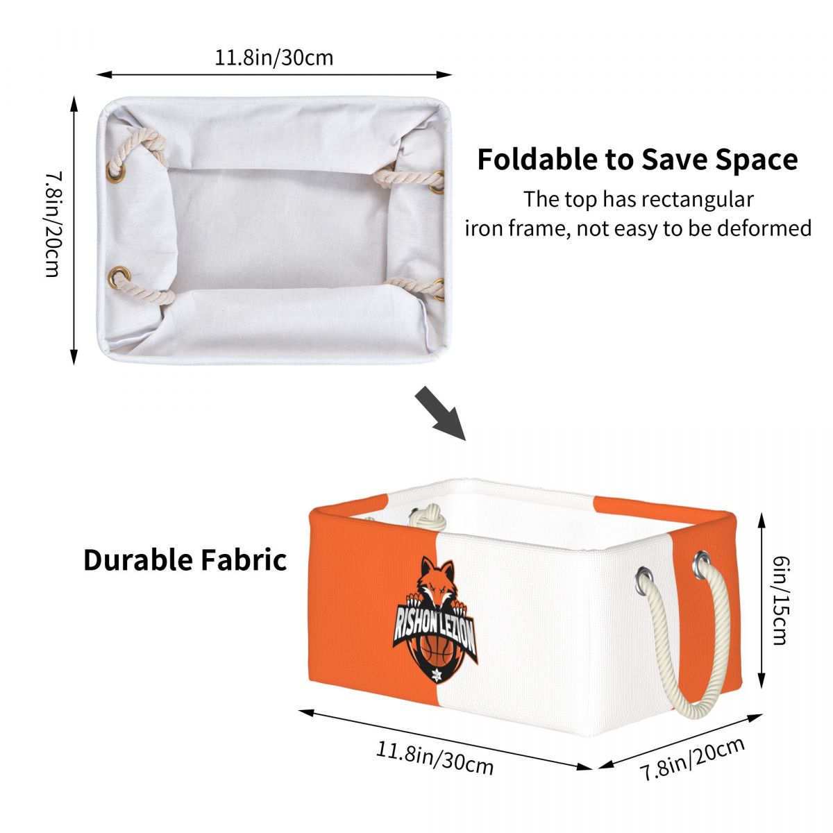 Maccabi Rishon LeZion Bc Rectangular Storage Box Basket - Fabric Storage Bin Organizing Toys, Nursery Basket, Clothing, Books