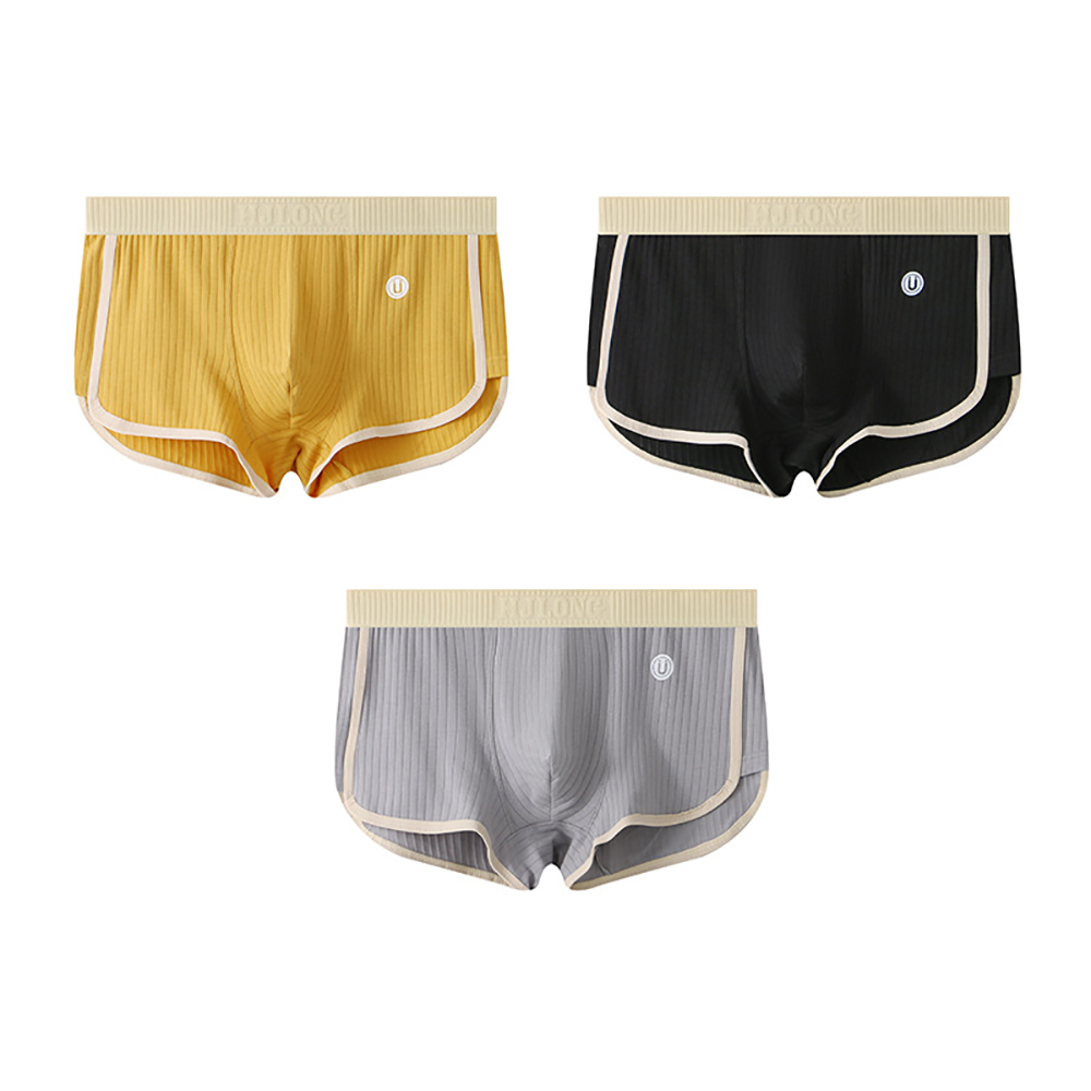 3PCS/Pack 100% Cotton Solid Striped Men's Boxer Sexy Breathable Mesh U Crotch Underwear High Elastic Widen Waistband Underpants: XXL / Gold