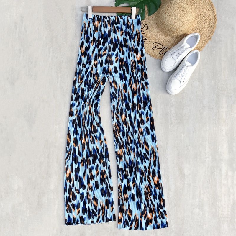 Kvinnor sommarveckade byxor hög midja street style leopardmönstrade blå byxor lös passform elastisk midja avslappnad byxor vida ben chica: 102 leopard
