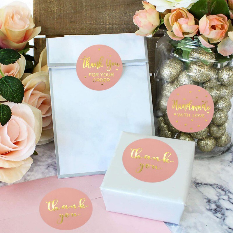 Pink Paper Label Stickers Gold Thank You Stickers Scrapbooking Handmade Business Packaging Seal Labels Stationery Sticker