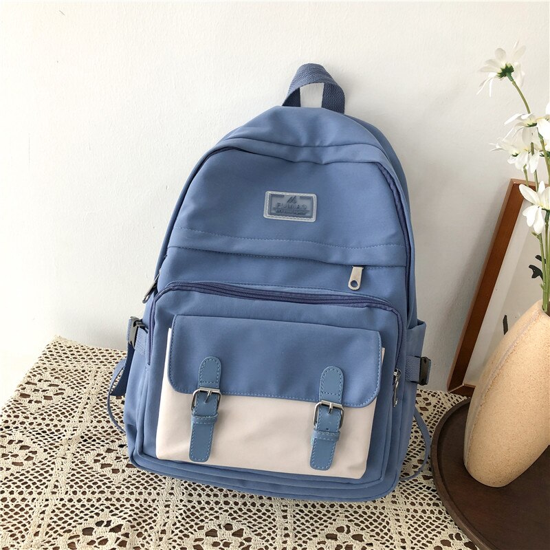 DCIMOR-Mochila de nailon impermeable para mujer, bolso de viaje con hebilla para cinturón, Mochila escolar con bolsillo, Kawaii, para adolescentes: blue / with alpaca