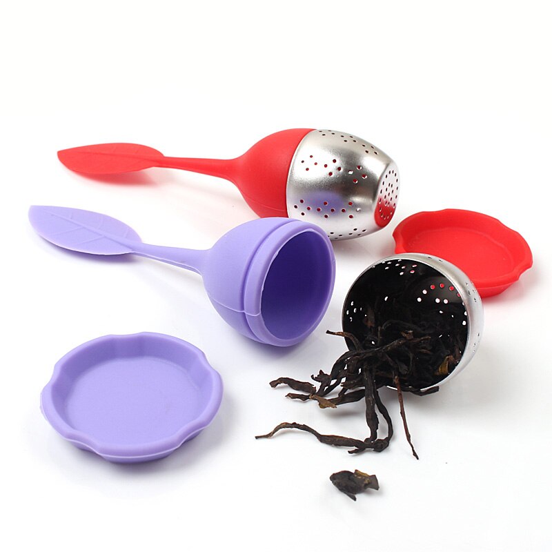 Infusor de té de silicona, filtro de té reutilizable, 6 colores, hojas dulces con bandeja de gota, Bola de té, herramienta de té de filtro de especias de hierbas, 1 Uds.