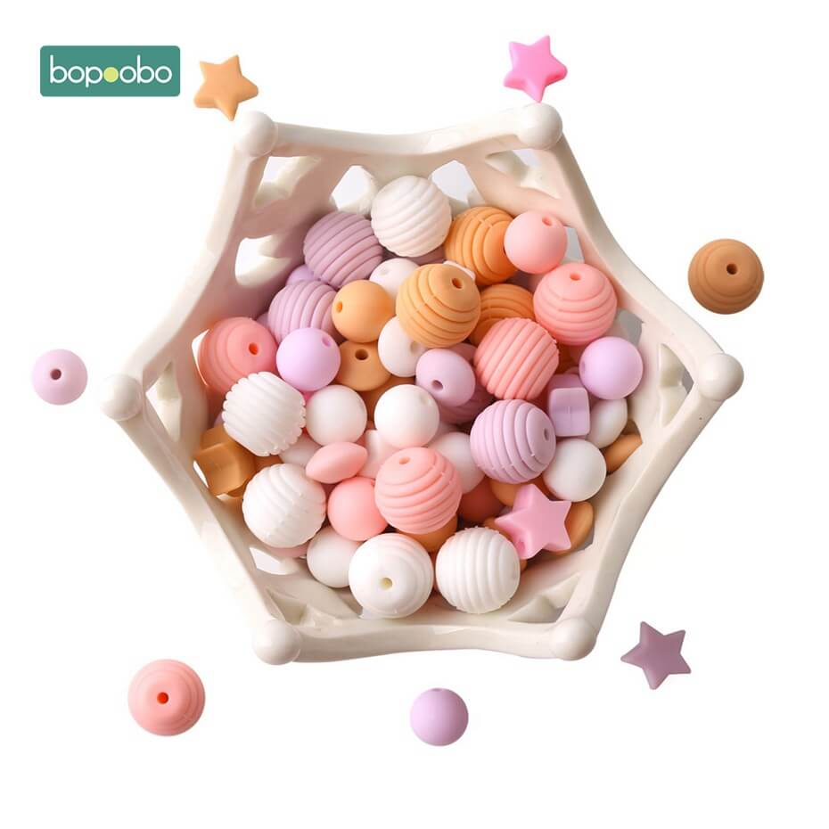 Bopoobo-accessoire de dentition en Silicone | Perles pour bébé, sans BPA, jouet mordre, bonne , bricolage, fabrication de collier, 100 pièces: Pink Beads