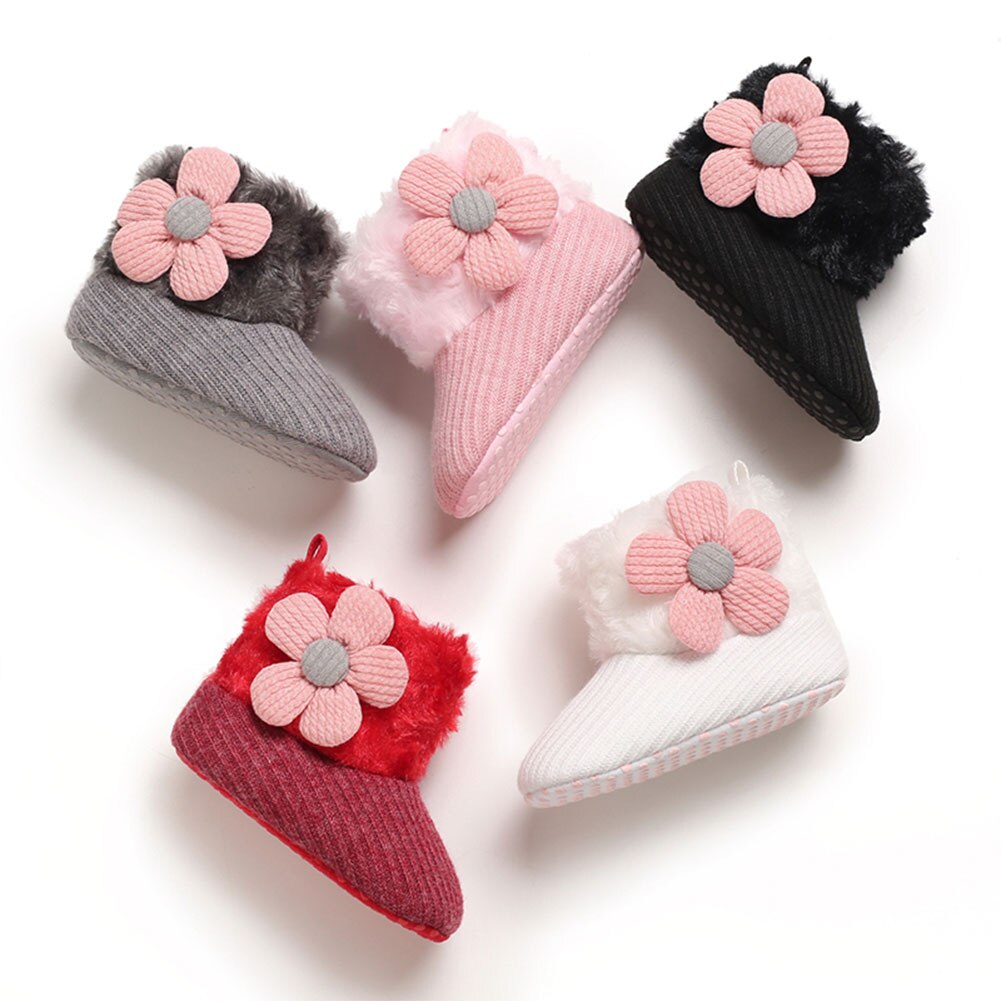 Babymeisjes sneeuwlaarzen winter warm mooie zachte imitatiebont gebreide bloemenlaarsjes antislip baby prewalkers 0-18m