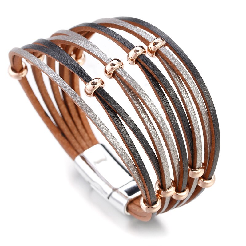 Amorcome Simple Boho Cross Net Hole Leather Bracelets for Women Crystal Metal Beads Multilayer Wide Wrap Bracelet Female Jewelry: Black Silver