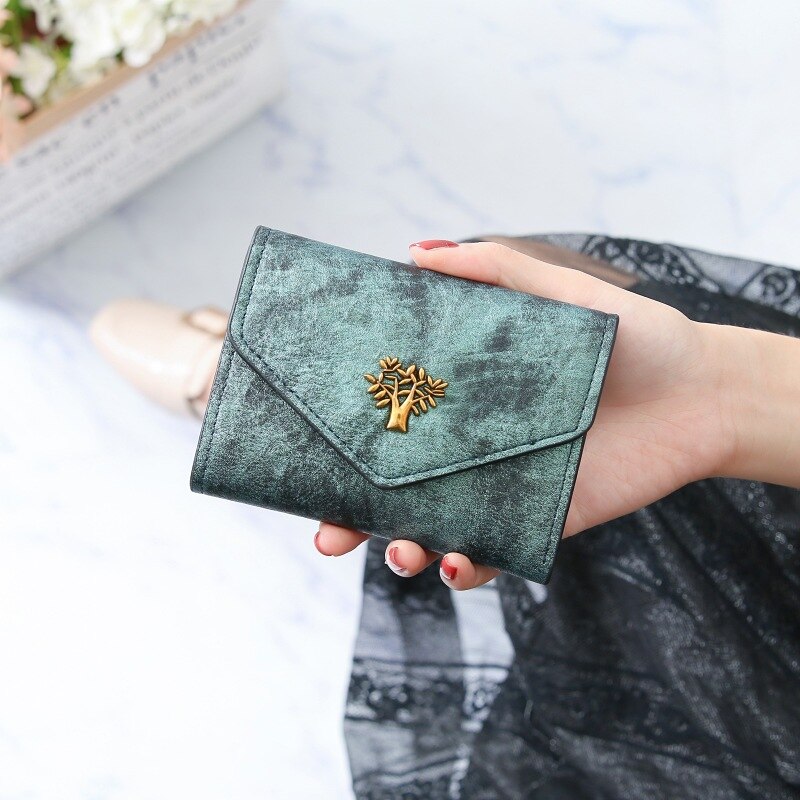 Women Wallet Retro Leather Metal Tree Wallet Student Purse Girls Mini Wallets and Purses Cute Card Holder Wallet: green