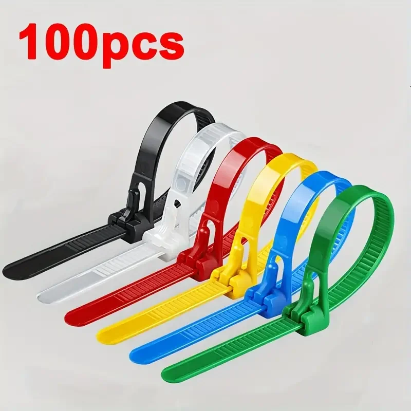 100 Reusable Cable Ties, Cable Lock Loop Nylon Ties Removable, Recyclable, Mixed Colours, Black, White: Red