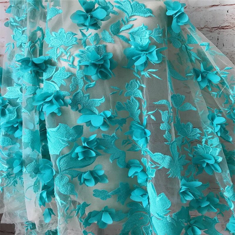 Türkis Bestickt Spitze Stoff Weiche 3D Chiffon Blume Tüll Stoff Braut Spitze Hochzeit Stoff von der werft