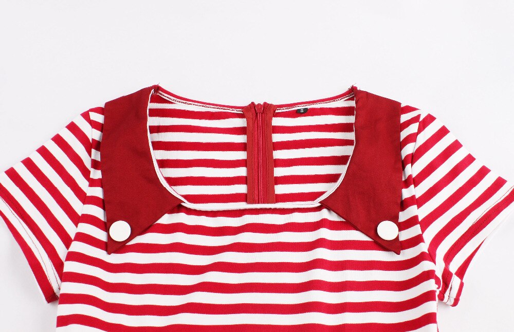 3xl 4xl plus size kvinder pin up rød hvid stribet patchwork kjole retro korte ærmer botton dekoreret 1950s vintage kjole