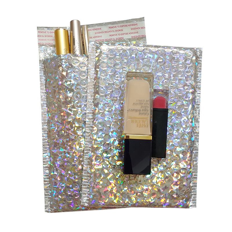 20 stk holografisk metallisk boble mailer emballage glamour farverige sølv nuancer folie pude polstrede konvolutter