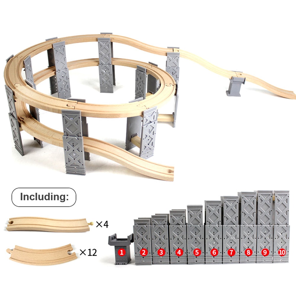 26PCS Houten Railway Tracks Accessoires Plastic Spiraal Houten Trein Tracks met Brug Pieren Educatief Speelgoed voor Kinderen