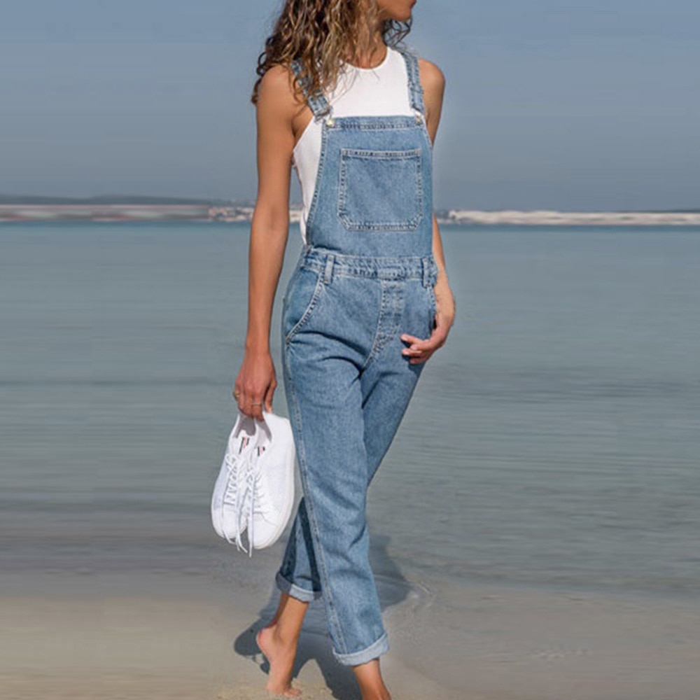 Damesblauwe denim overall jumpsuit rompers met riemgaten en holle zakken voor dames casual broeken
